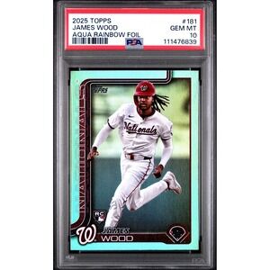 2025 Topps Series 1 - James Wood #181 Aqua Rainbow Foil (RC) - PSA 10 GEM POP 2